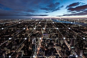 photo illustration of network over citys