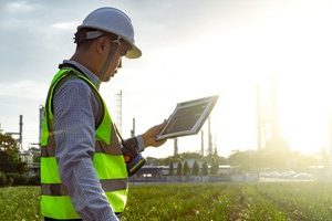 worker looking at tablet out in field