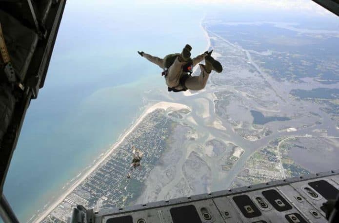 Soldier jumping out of airplane