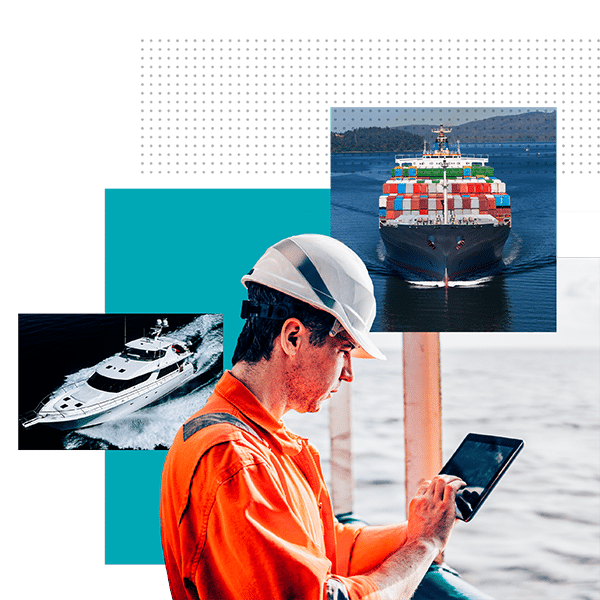 maritime ship, yacht and man on connected device